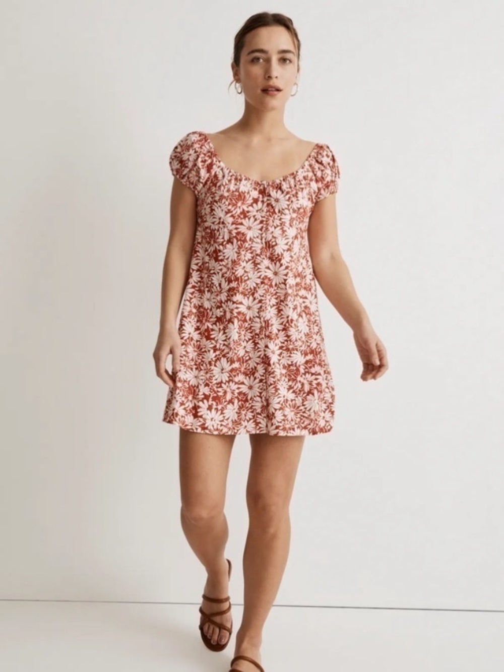 Madewell Margie Mini Dress In‎ Abstract Flora Orange Floral Linen Blend